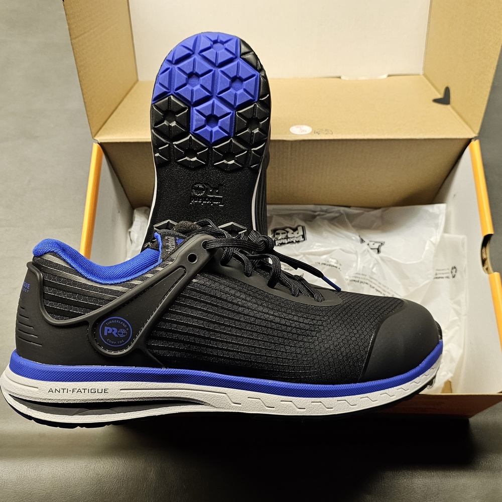 New In Box! Men's Timberland PRO Black and Blue Shoes with Composite Safety Toe
